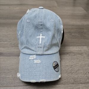 KBETHOS Vintage Denim Embroidered Cross Trucker Hat Adjustable NWT